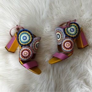 Exé Lucia-833 Ice Block Heel Leather Sandals Geometric Women's Heels Size 39/8.5